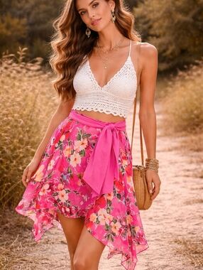 Lauren Ralph Lauren Silk Skirt Petite Floral Pink Layered Handkerchief Hem Boho